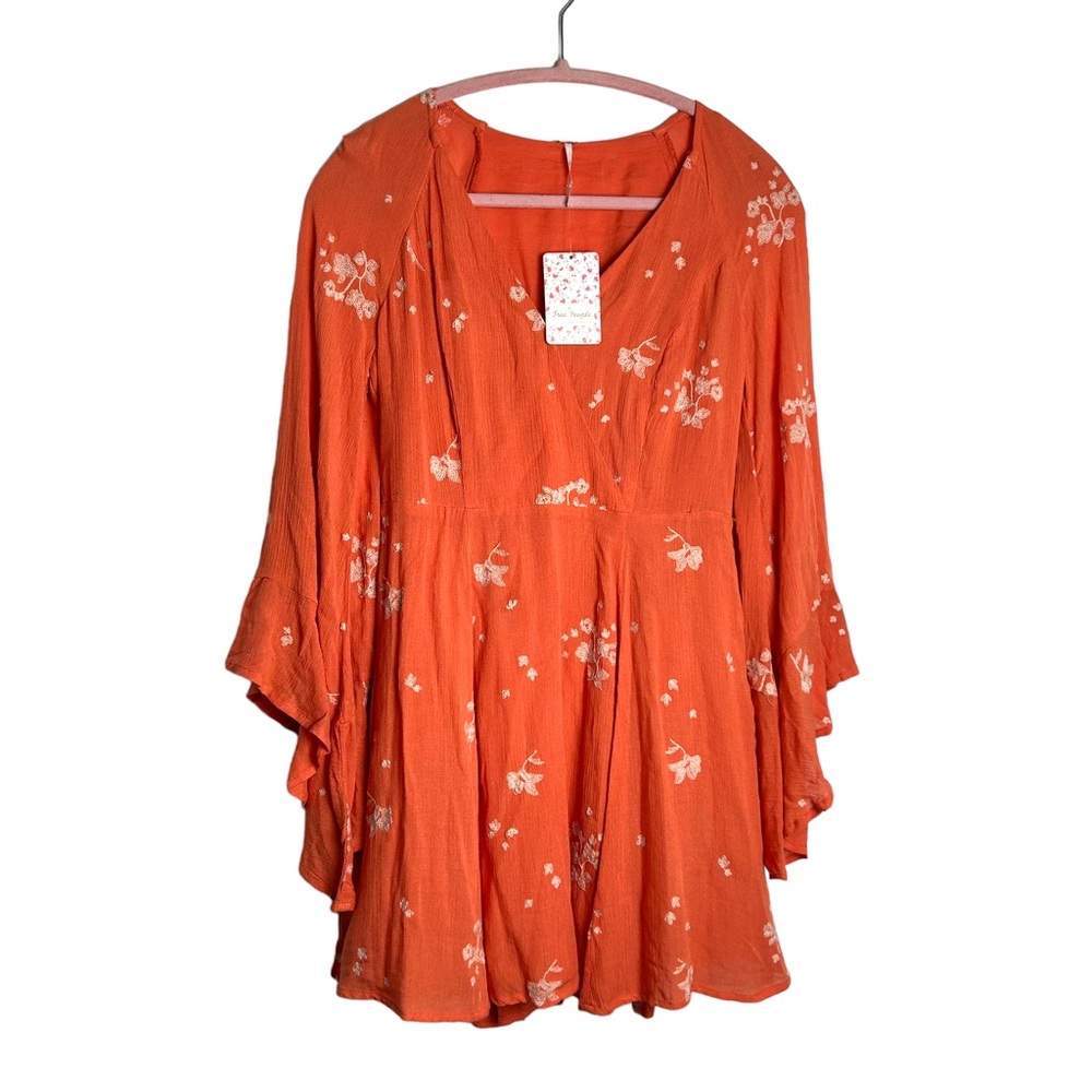 Free People NEW Orange Embroidered Bell Sleeve Dress NWT SZ4